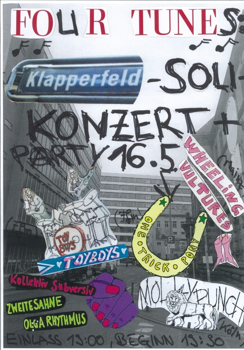 Soli Konzert & Party für das Klapperfeld mit den Bands: Toyboys, Molly Punch, One Trick Pony, Wheeling Vultures, Djs: Kollektiv Subversiv, Olga rhytmus